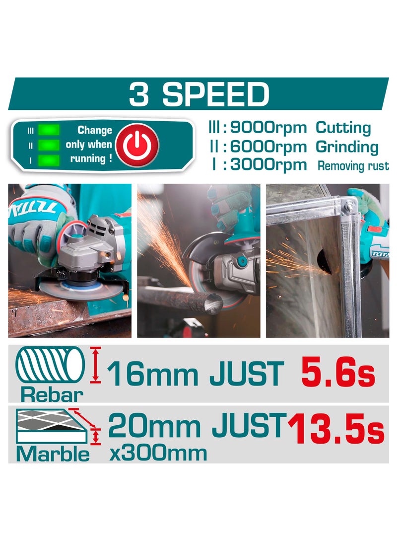 توتال جلاخة زاوية لاسلكية من توتال بجهد ٢٠ فولت، مزودة بمحرك بدون فحمات، بقطر ١١٥ ملم وقدرة قصوى تصل إلى ١٢٠٠ واط، مع ٣ سرعات تشغيل، وتأتي مع بطاريتين سعة ٥٫٠ أمبير-ساعة، وشاحن ٤٫٠ أمبير، و١٠ أقراص قطع، وحقيبة حمل - Image 3